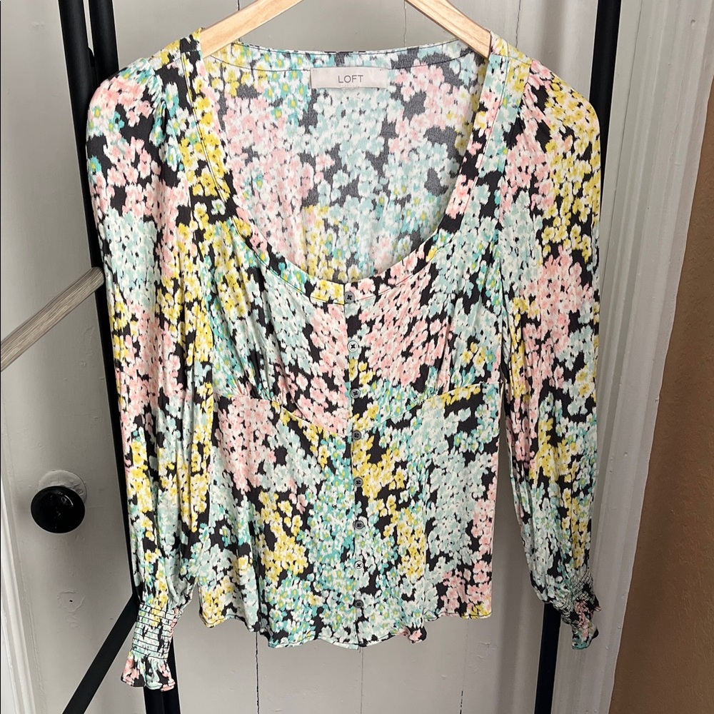 LOFT Women's Floral Blouse - Pink, Yellow, Green and grey/brown